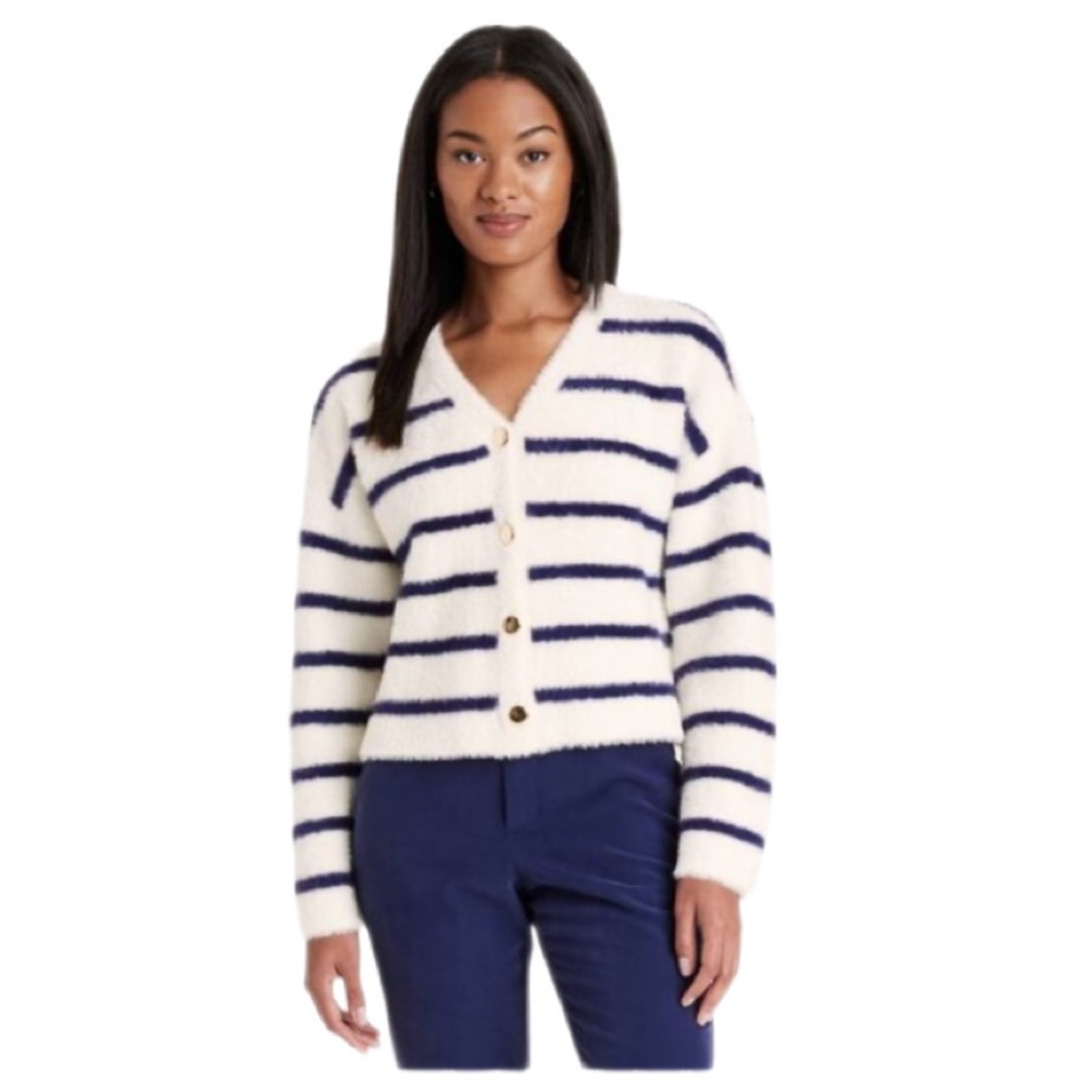 A New Day Navy Stripe Fuzzy Button-Front Cardigan Sweater XXL NWT